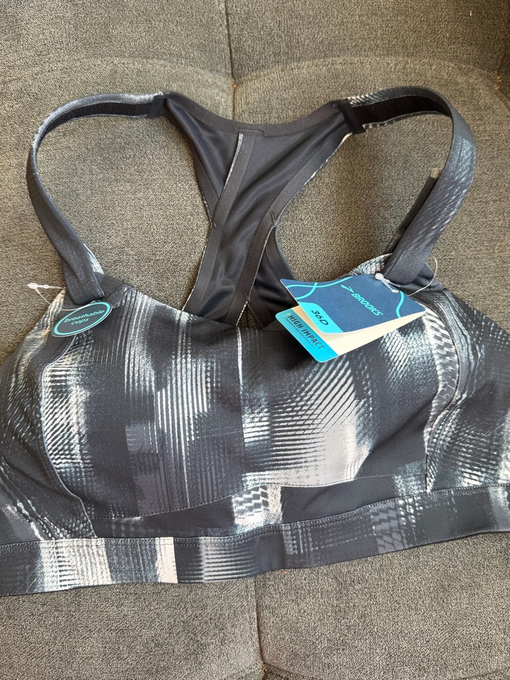 Brooks Black and Gray Abstract-Print Racerback Sports Bra